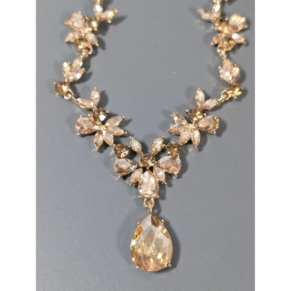 Golden Beige Rhinestone Teardrop Tennis Statement Necklace Elegant Evening Spark - Picture 11 of 11